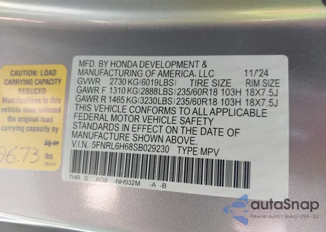 2025 Honda Odyssey Ex-L из США, поврежденный, VIN 5FNRL6H68SB029230